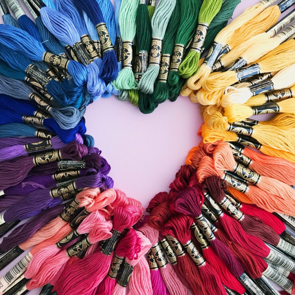 Embroidery thread arranged in the shape of a heart